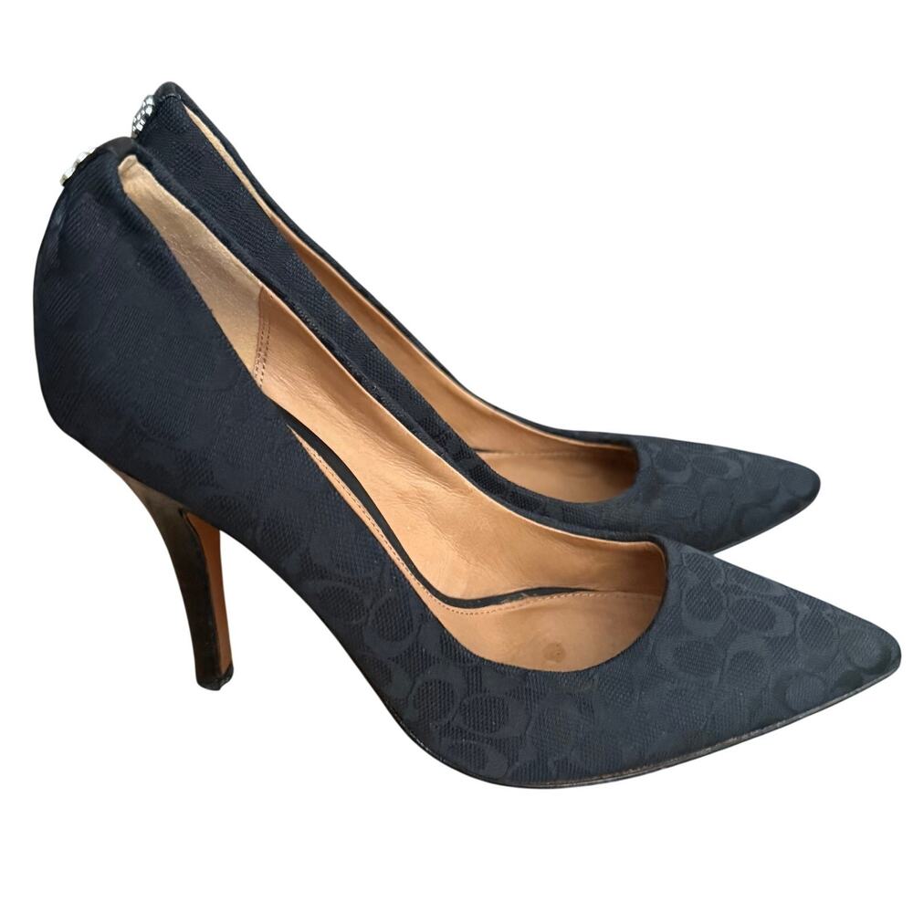 Coach Black Pointed Toe Heels Size 5.5 B Logo Fabric Kitten Heel Women Flaw - Picture 3 of 10